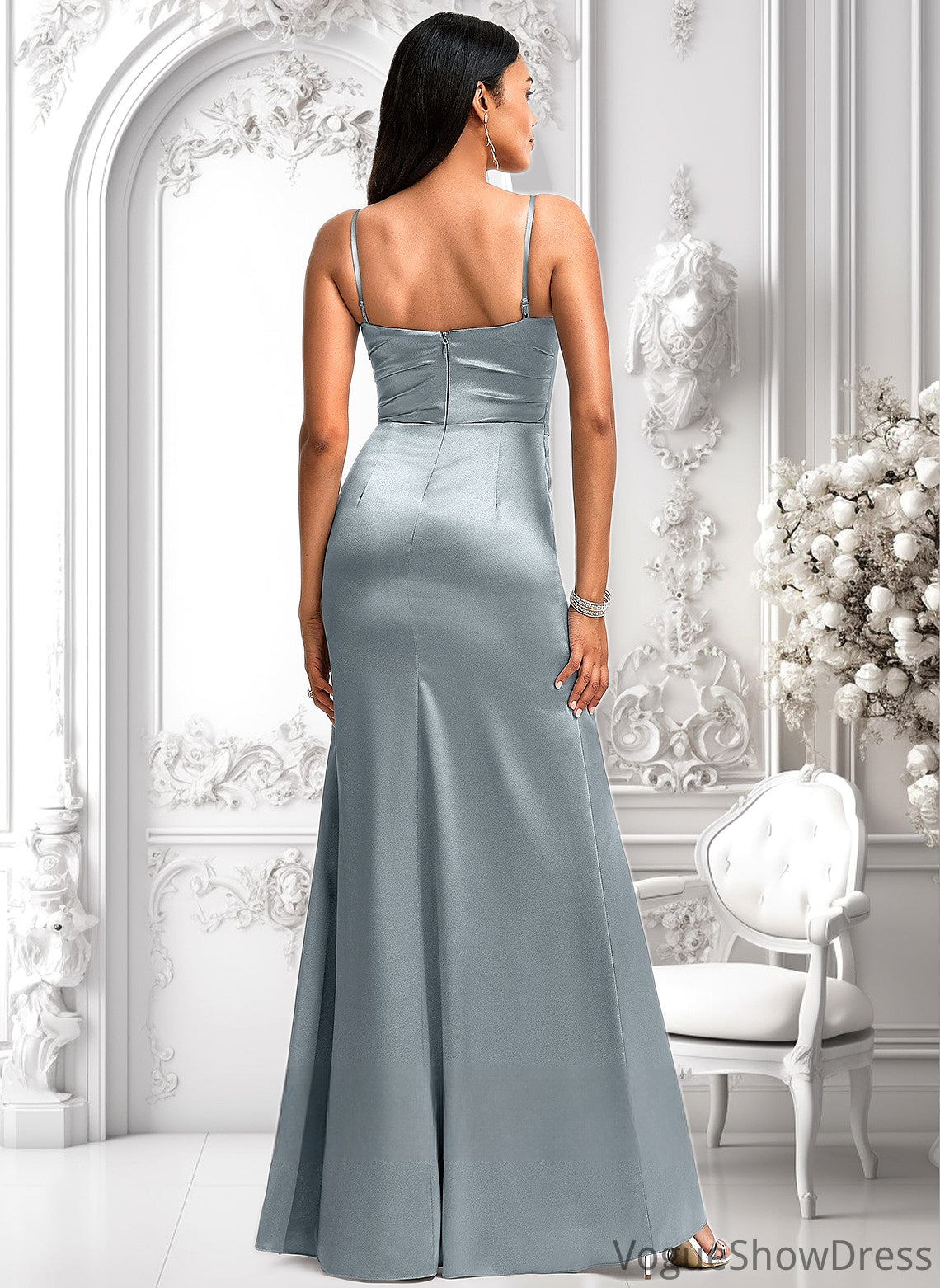 Adrianna A-line V-Neck Floor-Length Stretch Satin Bridesmaid Dress DLP0025728