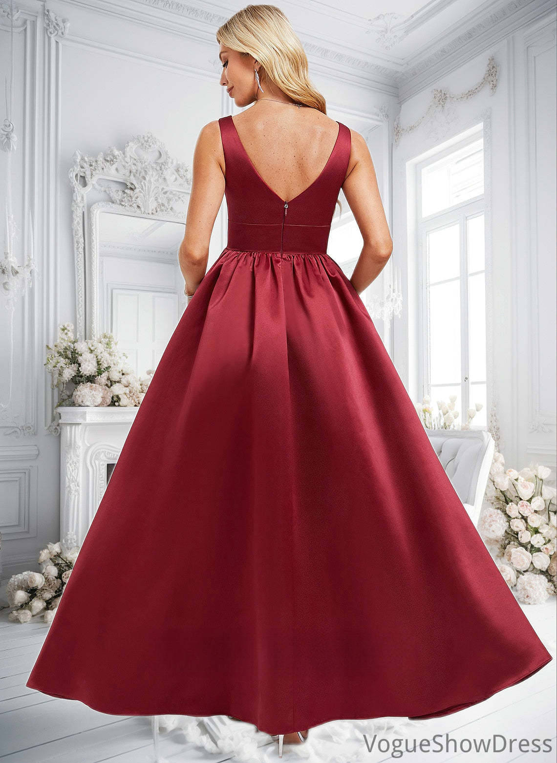 Quinn A-line V-Neck Floor-Length Satin Bridesmaid Dress DLP0025775