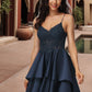 Mariana A-line V-Neck Short/Mini Lace Satin Homecoming Dress DLP0020504