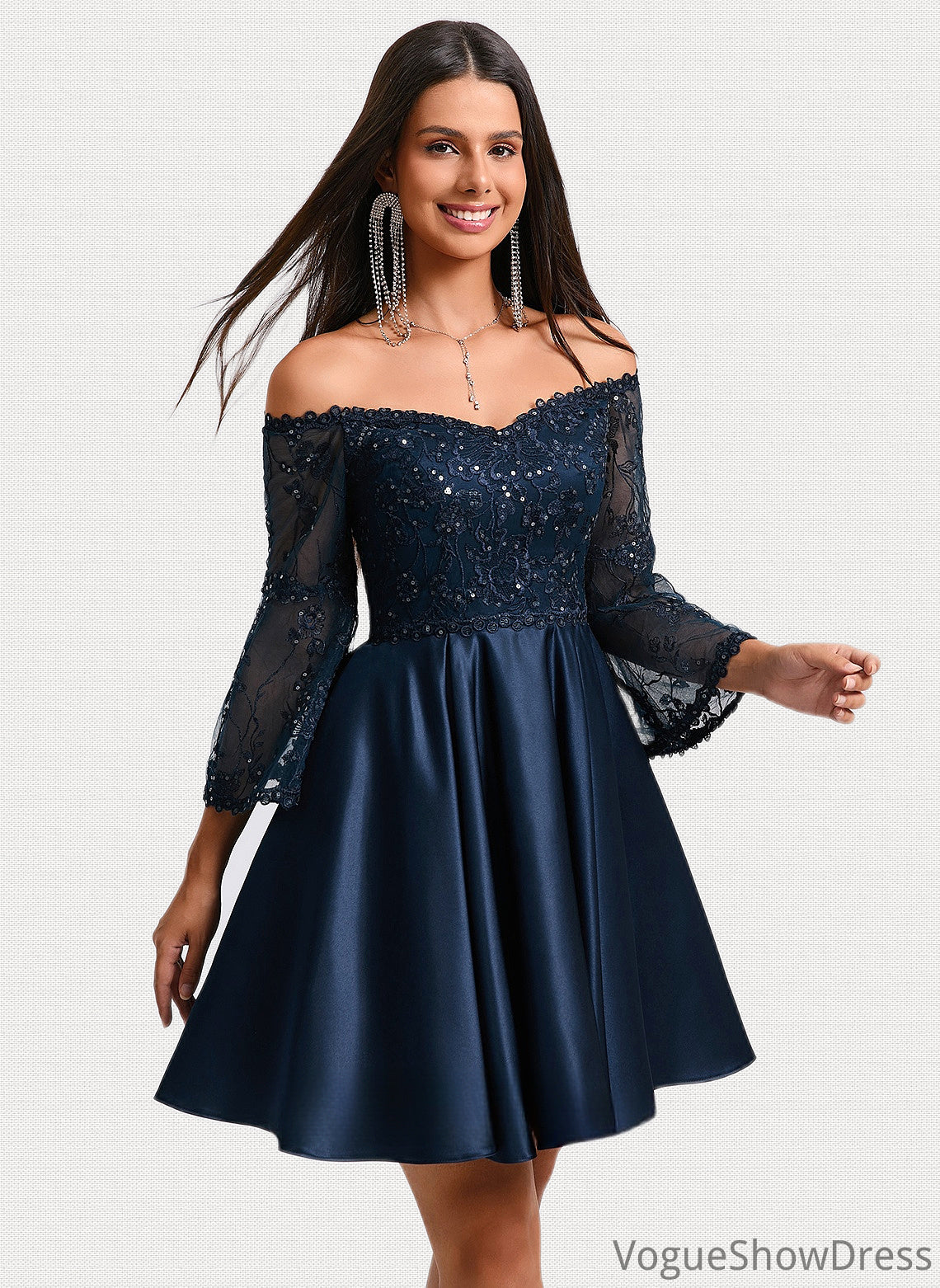 Aileen A-line Off the Shoulder Short Satin Homecoming Dress With Sequins DLP0025651