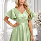 Amiah A-line V-Neck Asymmetrical Satin Bridesmaid Dress With Ruffle DLP0025776