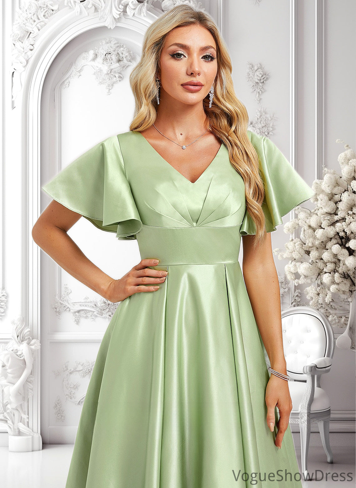 Amiah A-line V-Neck Asymmetrical Satin Bridesmaid Dress With Ruffle DLP0025776