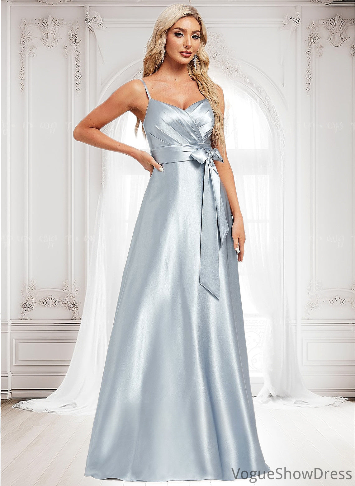 Nancy A-line V-Neck Floor-Length Stretch Satin Bridesmaid Dress DLP0025795