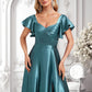 Nadine A-line V-Neck Floor-Length Stretch Satin Bridesmaid Dress With Ruffle DLP0025780