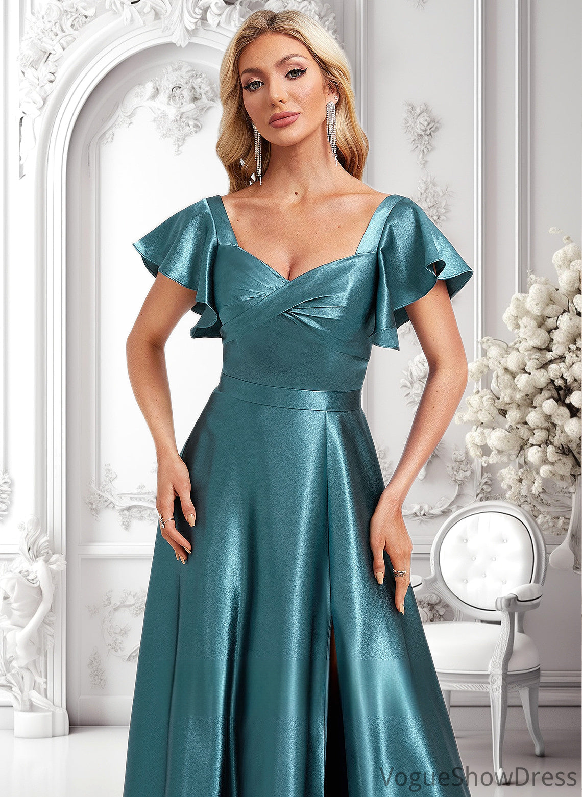 Nadine A-line V-Neck Floor-Length Stretch Satin Bridesmaid Dress With Ruffle DLP0025780