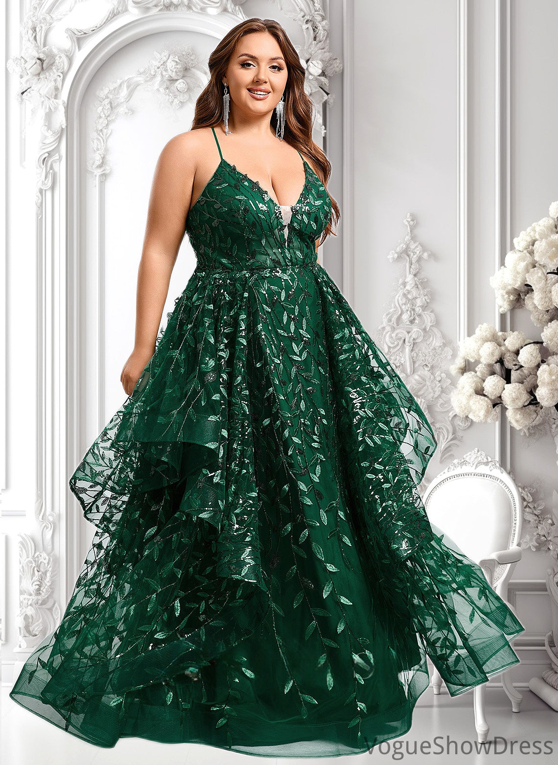 Yazmin Ball-Gown/Princess V-Neck Floor-Length Lace Floral Prom Dresses With Sequins DLP0025838