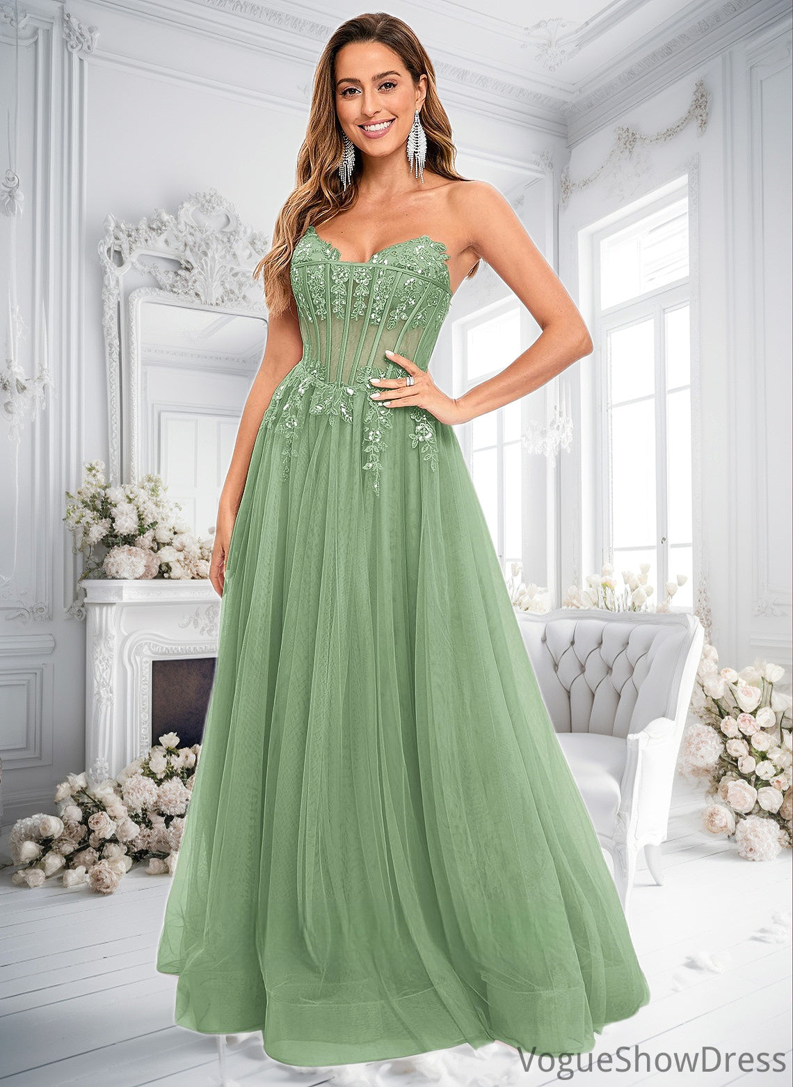 Jaylyn Ball-Gown/Princess V-Neck Floor-Length Tulle Prom Dresses With Sequins Appliques Lace DLP0025837