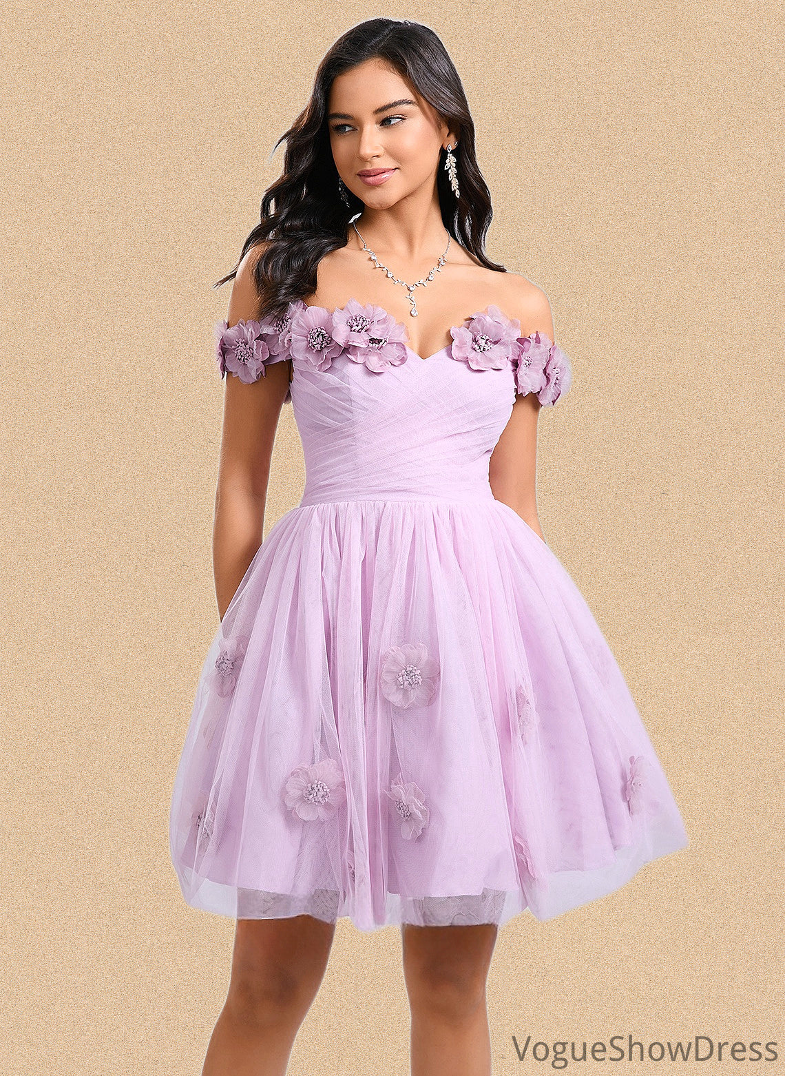 Janiya Ball-Gown/Princess Off the Shoulder Short Tulle Homecoming Dress With Pleated Flower DLP0025668