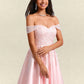 Camryn A-line Off the Shoulder Short Satin Homecoming Dress With Rhinestone Beading Appliques Lace DLP0025679