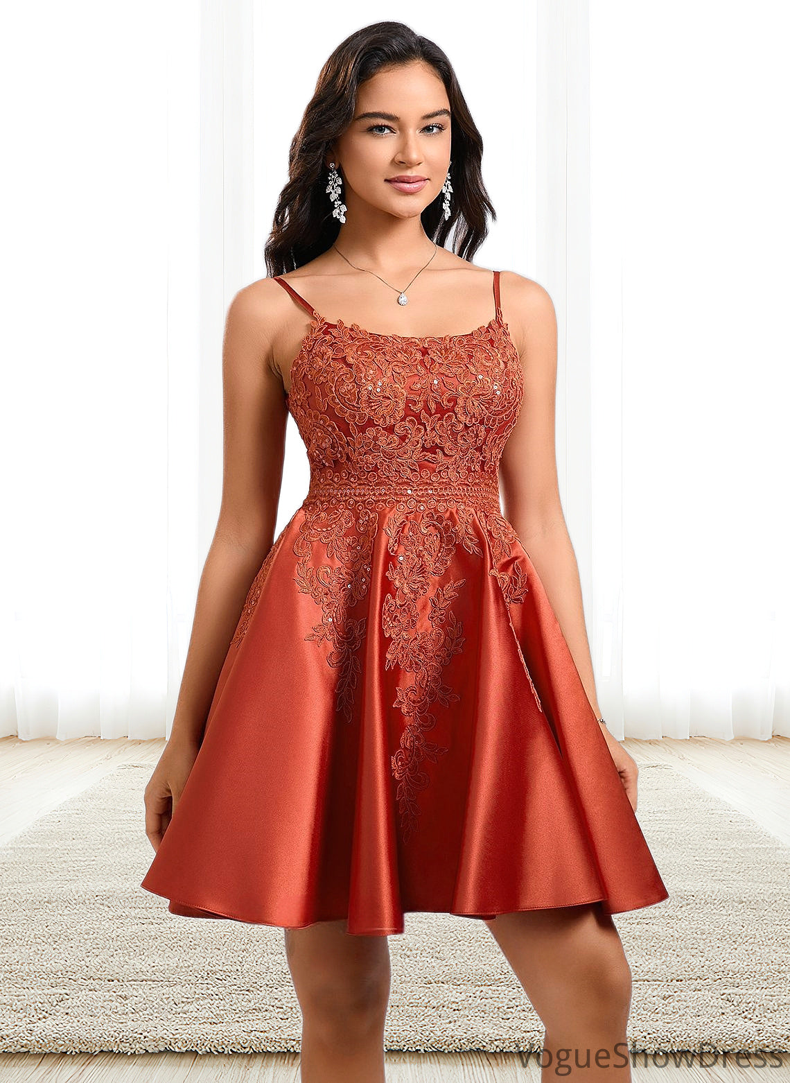 Gertrude A-line Scoop Short Satin Lace Homecoming Dress With Sequins DLP0025683