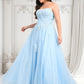 Natalia Ball-Gown/Princess Straight Sweep Train Tulle Prom Dresses With Sequins Appliques Lace DLP0025864