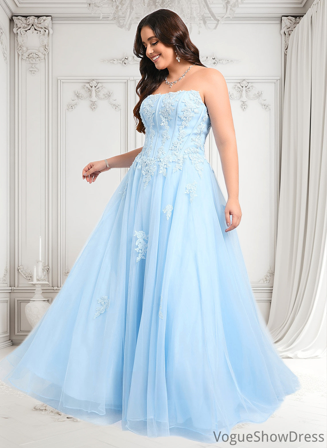 Natalia Ball-Gown/Princess Straight Sweep Train Tulle Prom Dresses With Sequins Appliques Lace DLP0025864