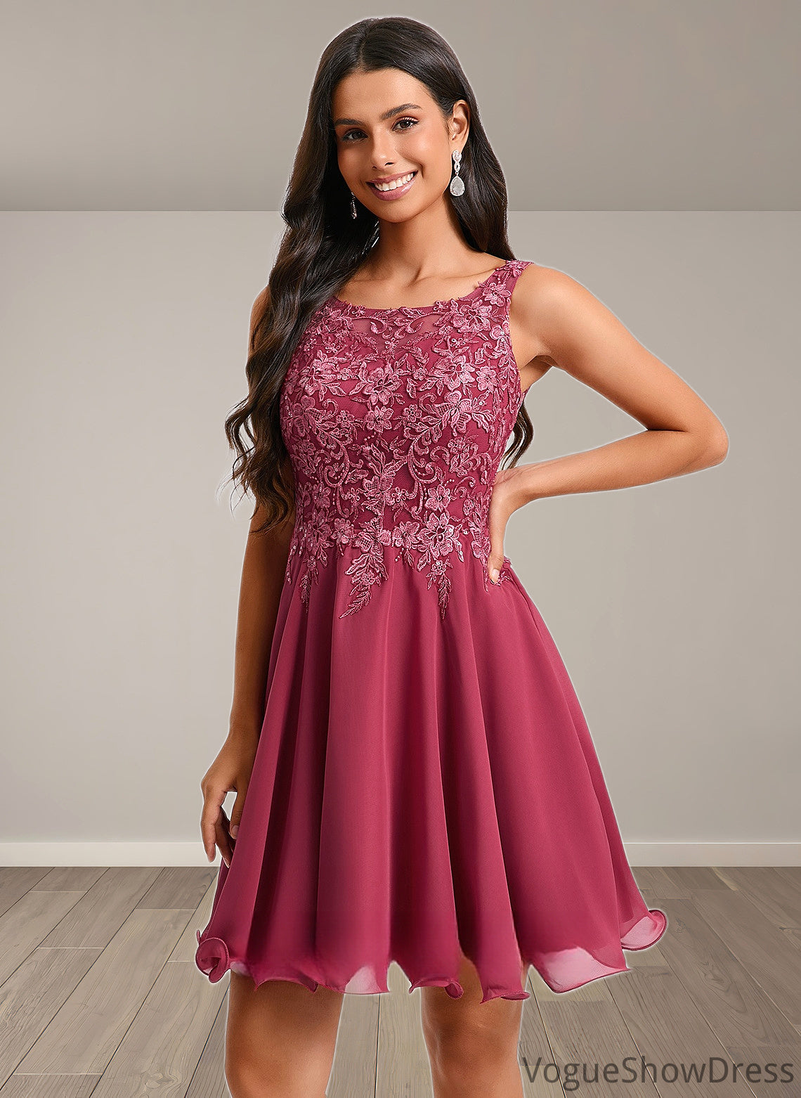 Vivien A-line Scoop Short Chiffon Homecoming Dress With Sequins Appliques Lace DLP0025681