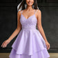 Sophia A-line V-Neck Short Satin Homecoming Dress With Appliques Lace DLP0025692