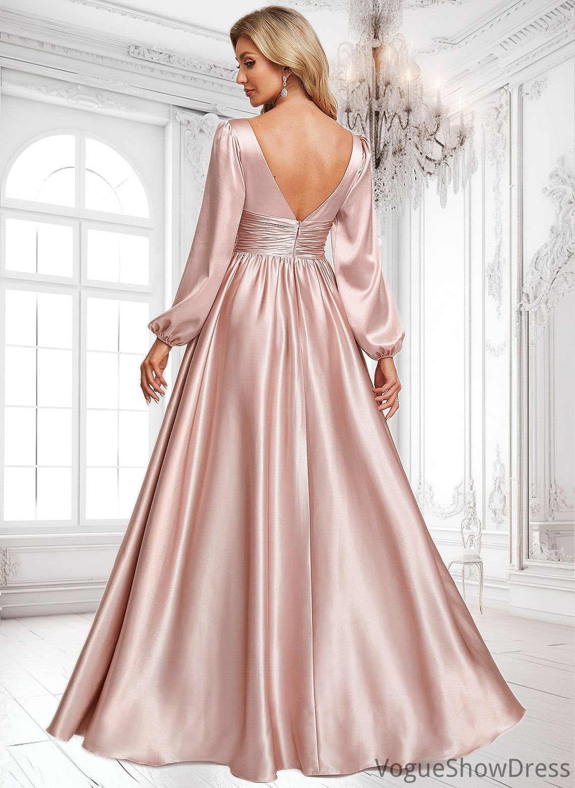 Amaris A-line V-Neck Floor-Length Stretch Satin Prom Dresses DLP0025880