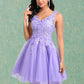 Diamond Ball-Gown/Princess V-Neck Short Lace Tulle Homecoming Dress With Flower DLP0025656