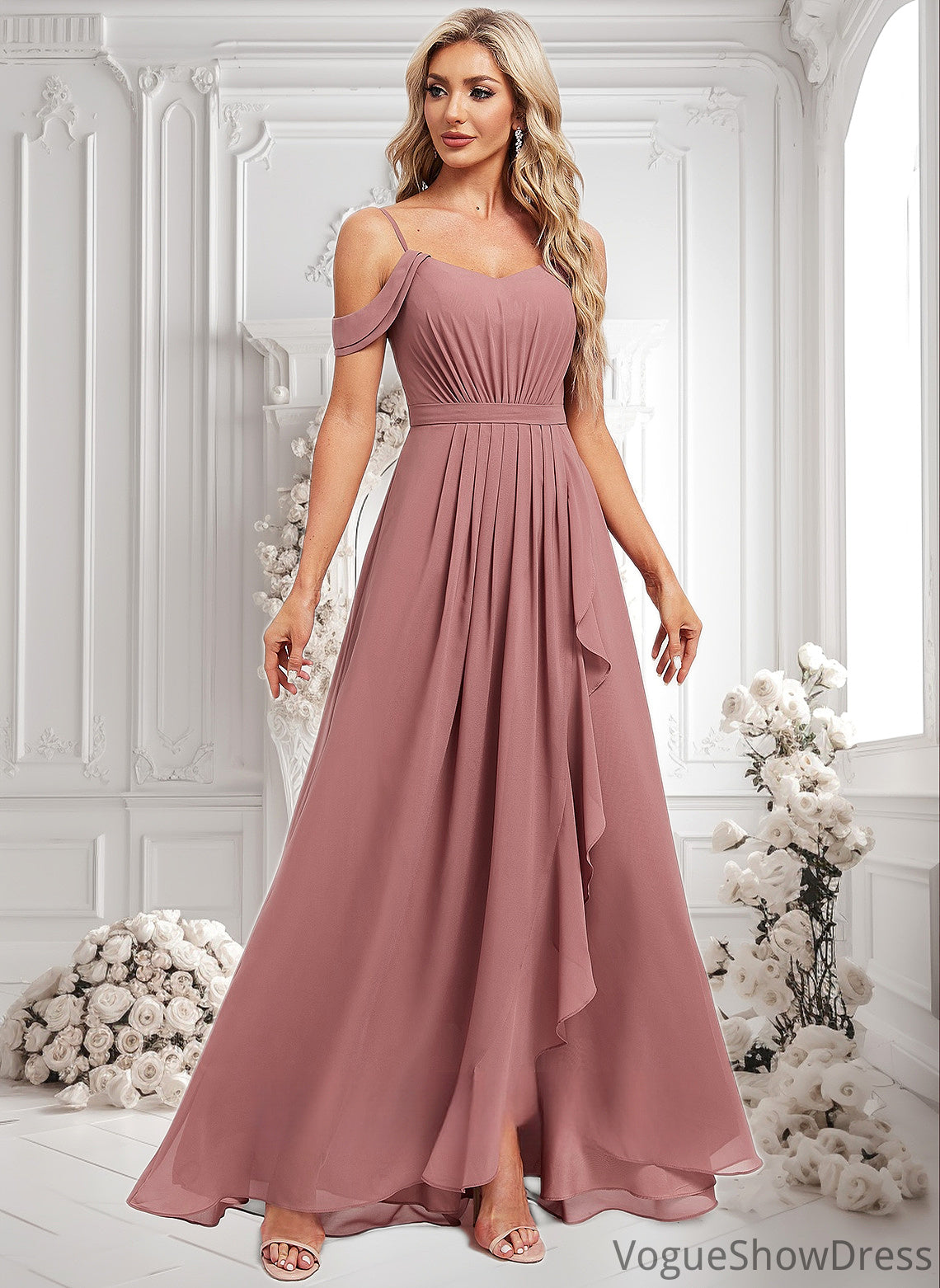 Shaniya A-line Cold Shoulder Asymmetrical Chiffon Bridesmaid Dress DLP0025823