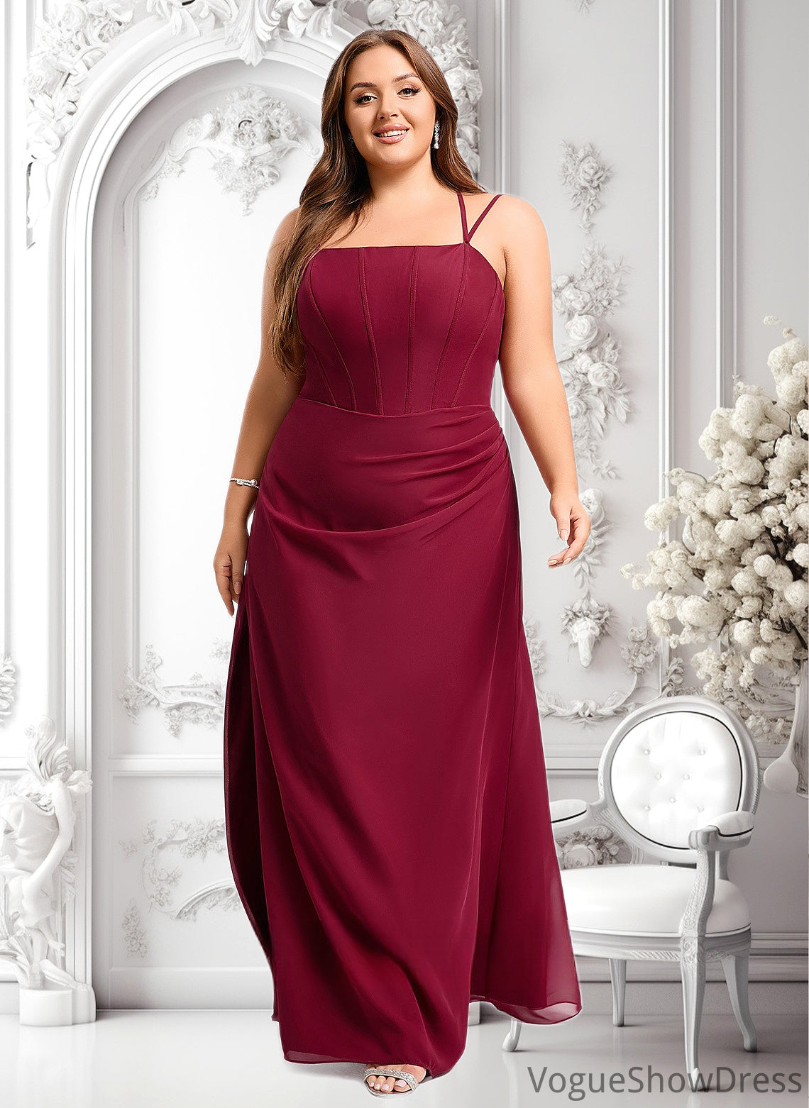 Ruby Trumpet/Mermaid Square Floor-Length Chiffon Bridesmaid Dress DLP0025826