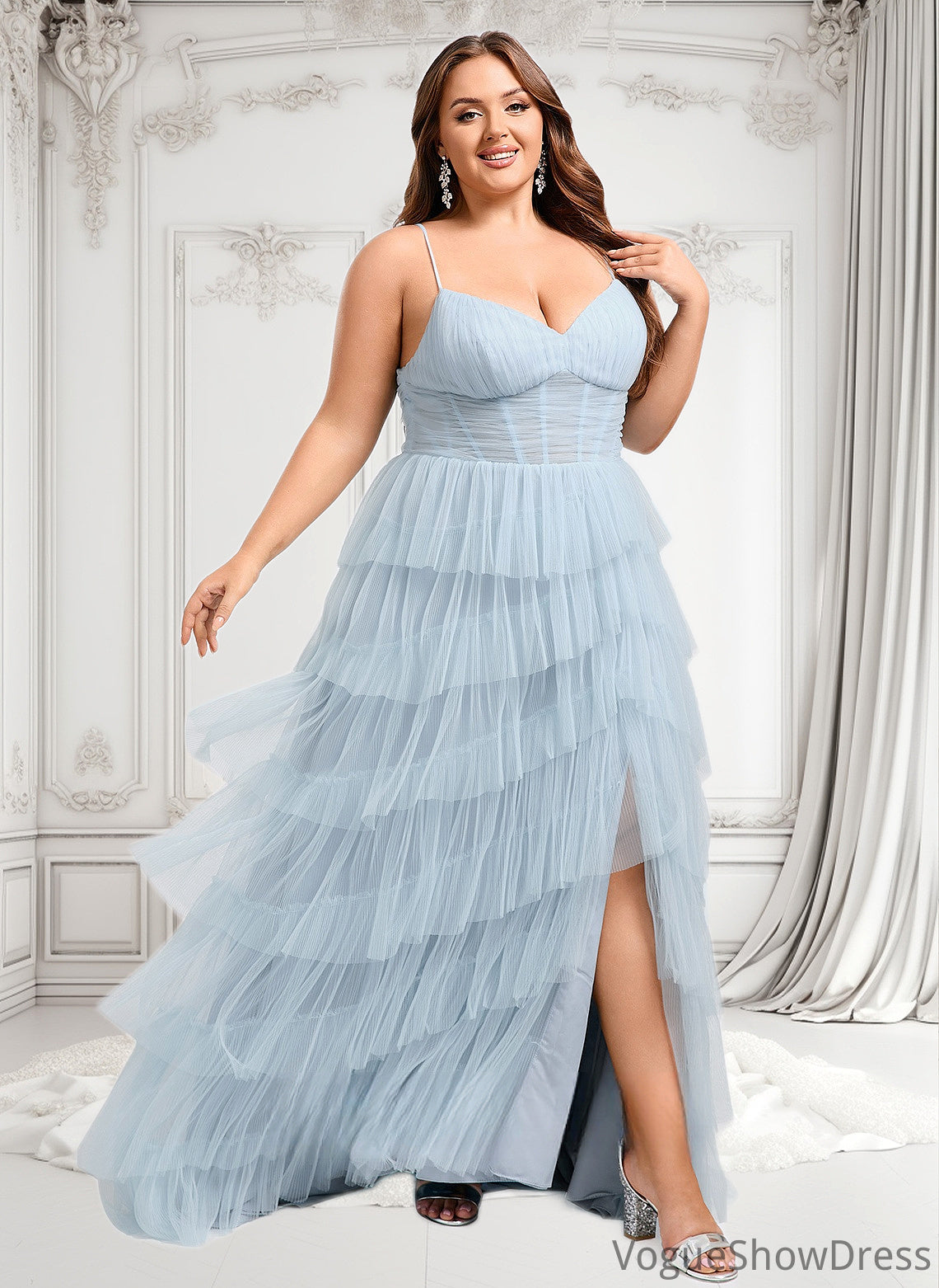 Ella Ball-Gown/Princess V-Neck Sweep Train Tulle Prom Dresses DLP0025833