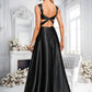 Bridget A-line V-Neck Floor-Length Stretch Satin Prom Dresses With Bow DLP0025882