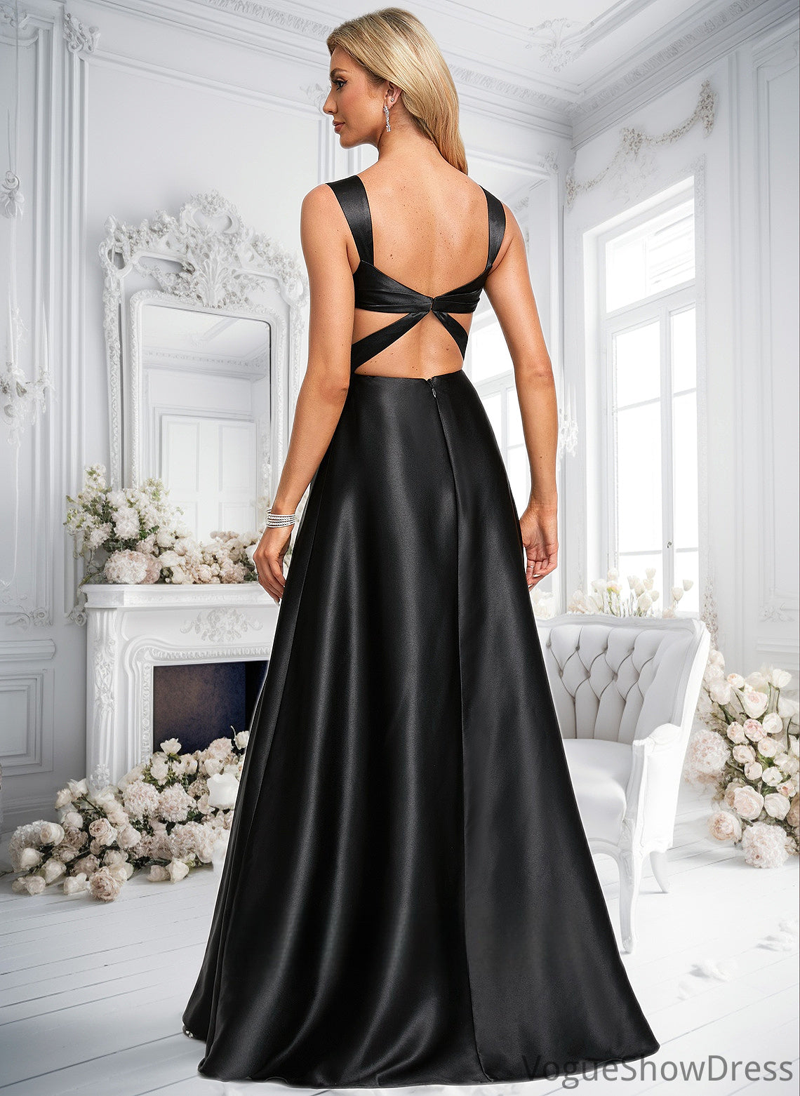 Bridget A-line V-Neck Floor-Length Stretch Satin Prom Dresses With Bow DLP0025882