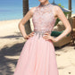 Athena A-line High Neck Knee-Length Chiffon Lace Homecoming Dress With Beading Sequins DLP0020596