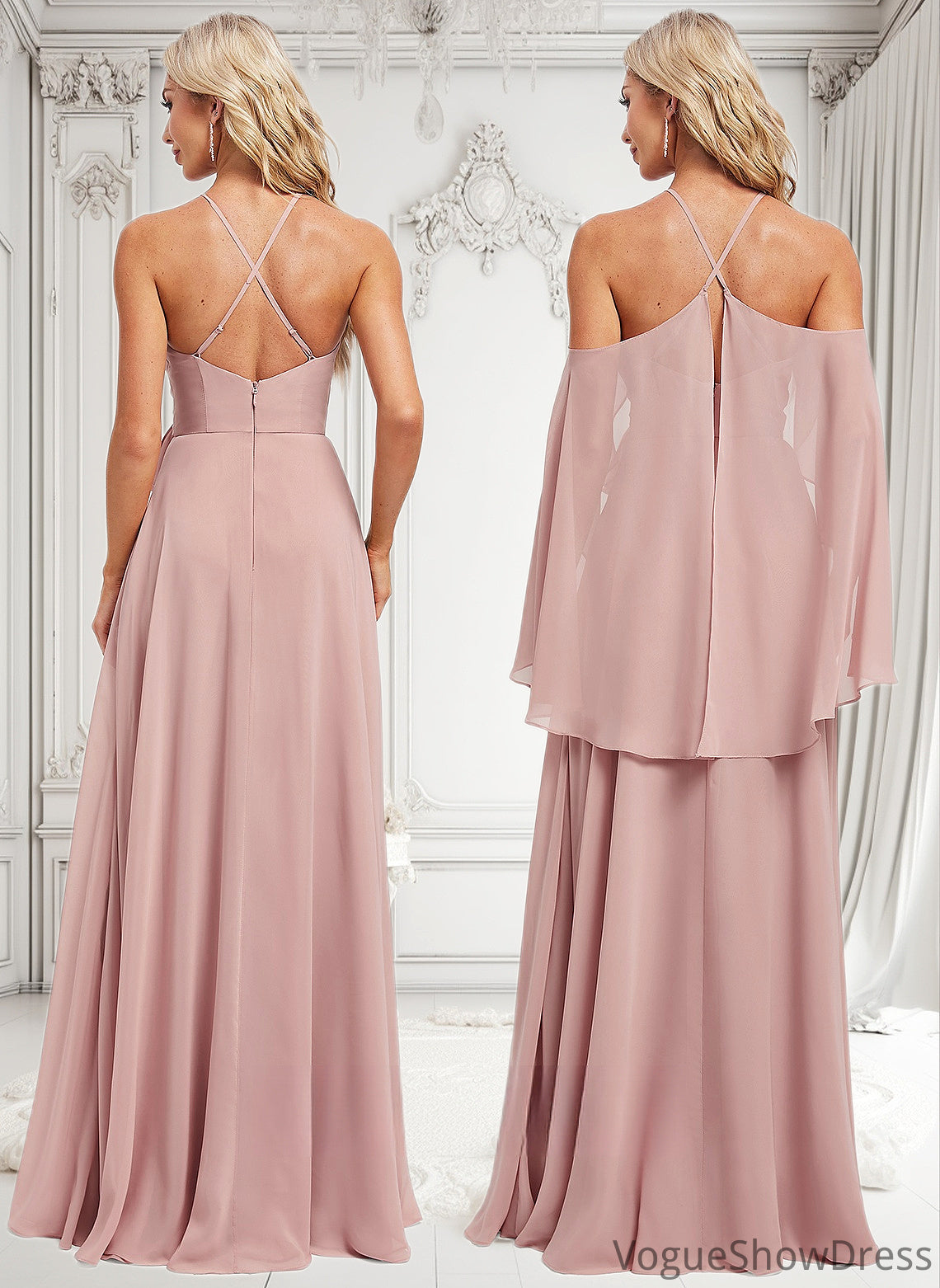 Jazmin A-line Halter Floor-Length Chiffon Bridesmaid Dress DLP0025821