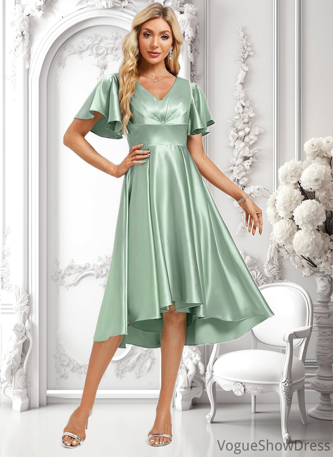 Tina A-line V-Neck Asymmetrical Stretch Satin Bridesmaid Dress With Ruffle DLP0025772