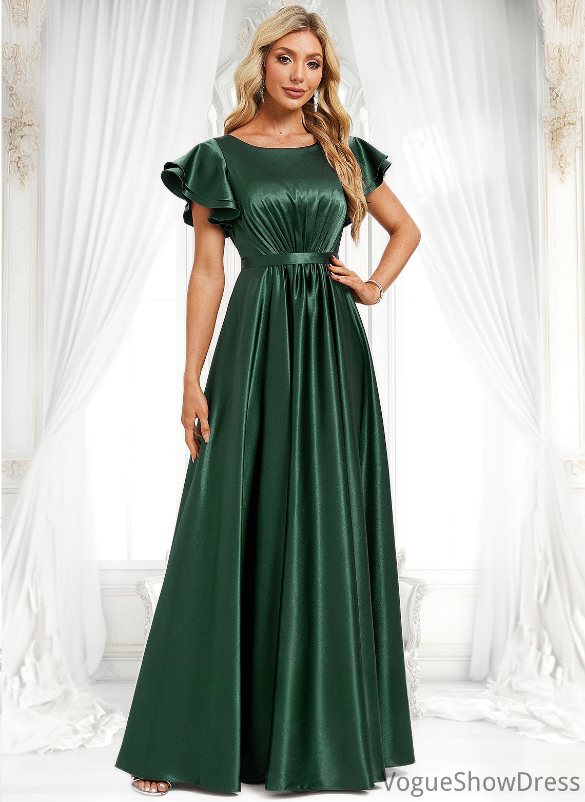 Cali A-line Scoop Floor-Length Stretch Satin Bridesmaid Dress With Ruffle DLP0025770