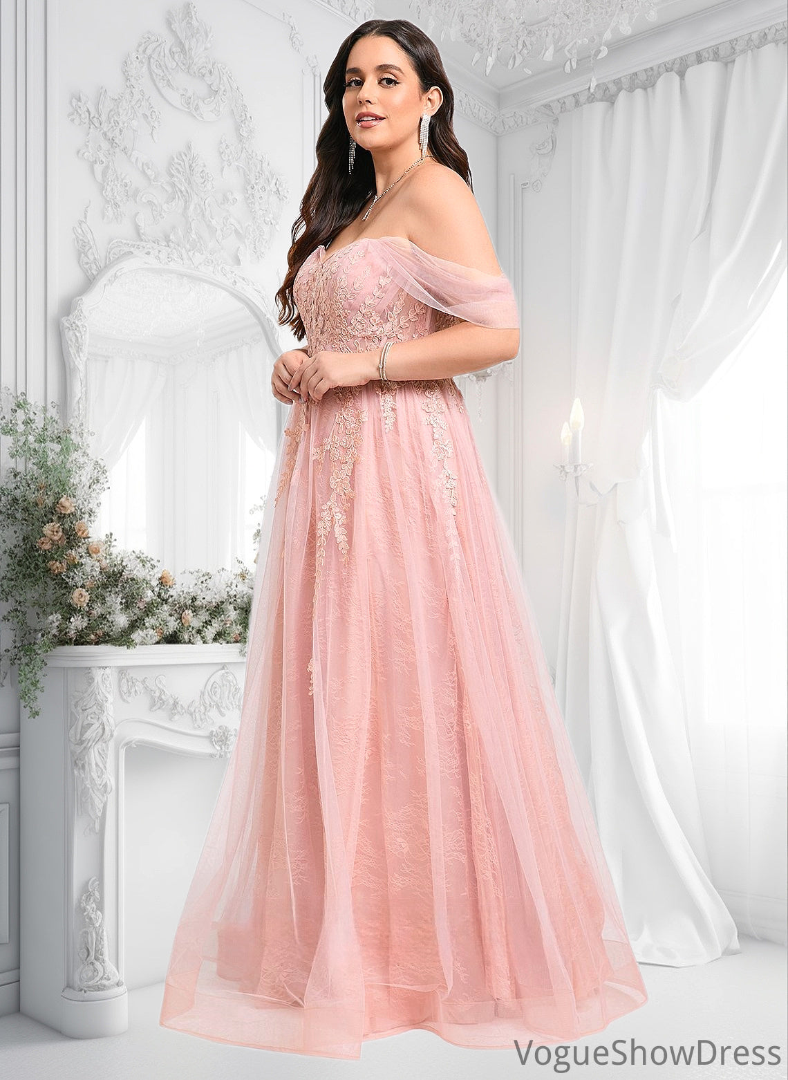 Talia A-line Sweetheart Off the Shoulder Floor-Length Tulle Floral Lace Prom Dresses With Appliques Lace DLP0025870