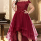 Scarlett A-line Off the Shoulder Asymmetrical Lace Tulle Homecoming Dress With Beading Bow Sequins DLP0020535