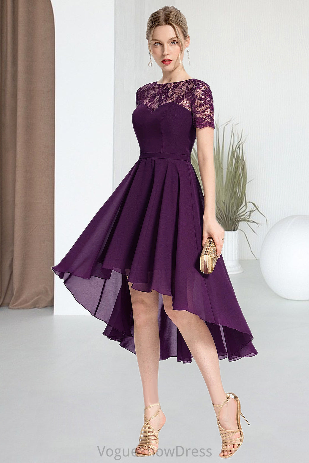 Elizabeth A-line Scoop Asymmetrical Chiffon Lace Homecoming Dress DLP0020587