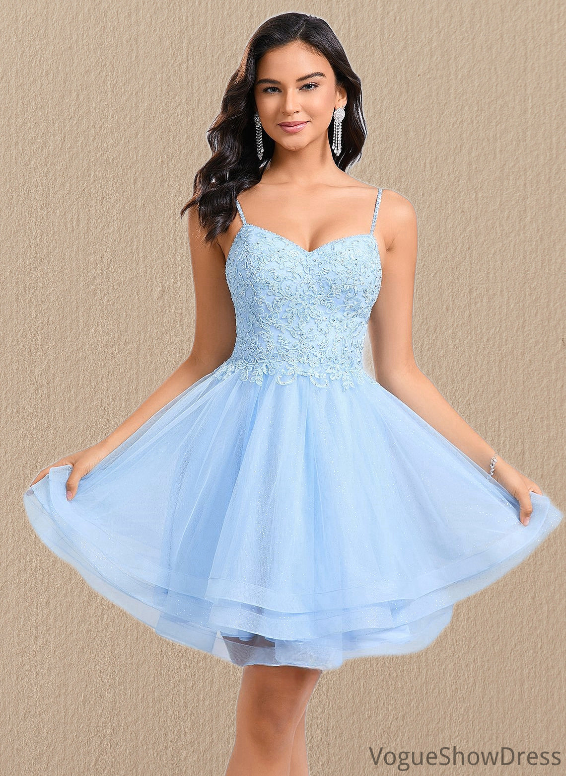 Alexis A-line V-Neck Short Lace Tulle Homecoming Dress With Rhinestone Sequins DLP0025658