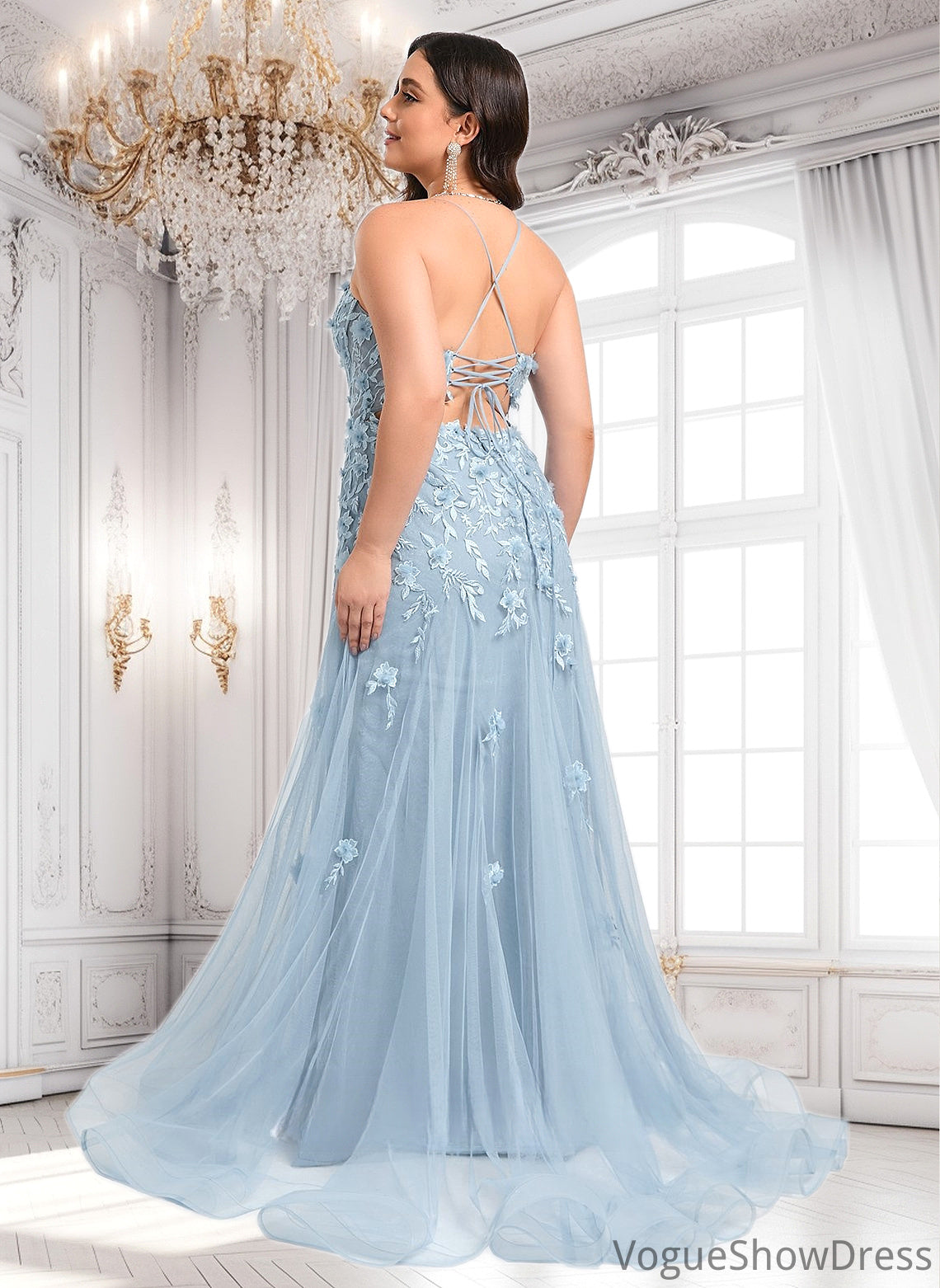 Angelica Trumpet/Mermaid Straight Sweep Train Tulle Prom Dresses With Flower DLP0025866