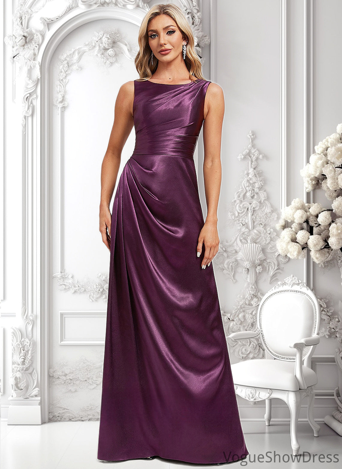 Claudia A-line Scoop Floor-Length Stretch Satin Bridesmaid Dress DLP0025829