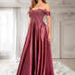 Gemma A-line Off the Shoulder Floor-Length Satin Lace Prom Dresses With Sequins DLP0025841