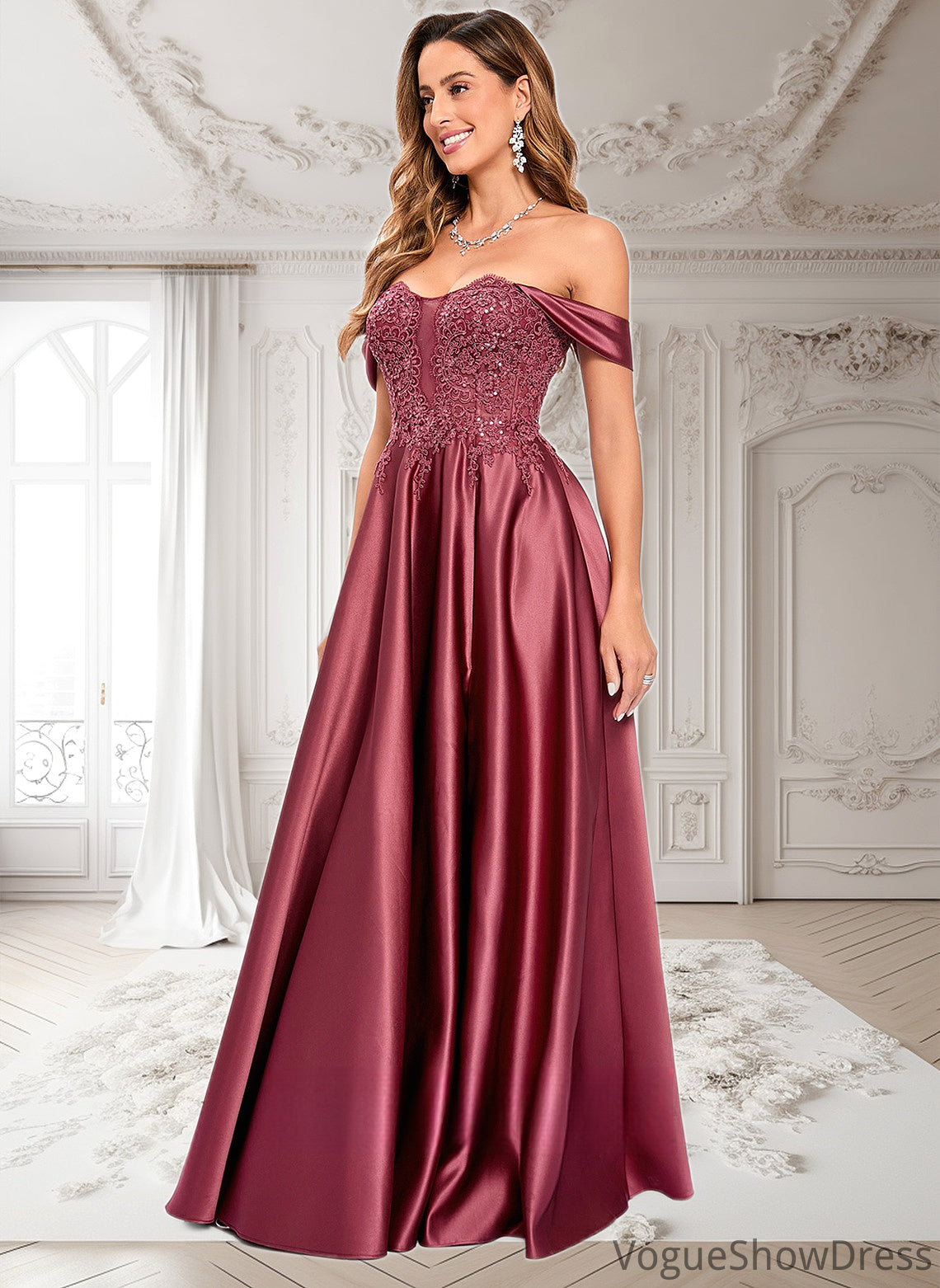 Gemma A-line Off the Shoulder Floor-Length Satin Lace Prom Dresses With Sequins DLP0025841