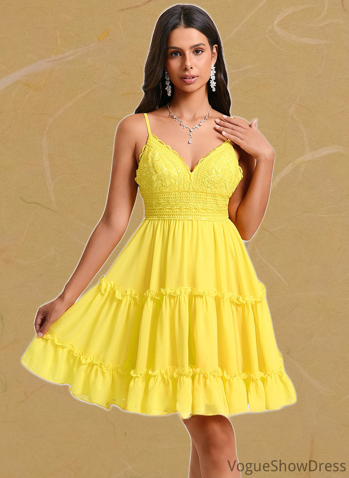 Makena A-line V-Neck Short Chiffon Homecoming Dress With Ruffle Sequins DLP0025700