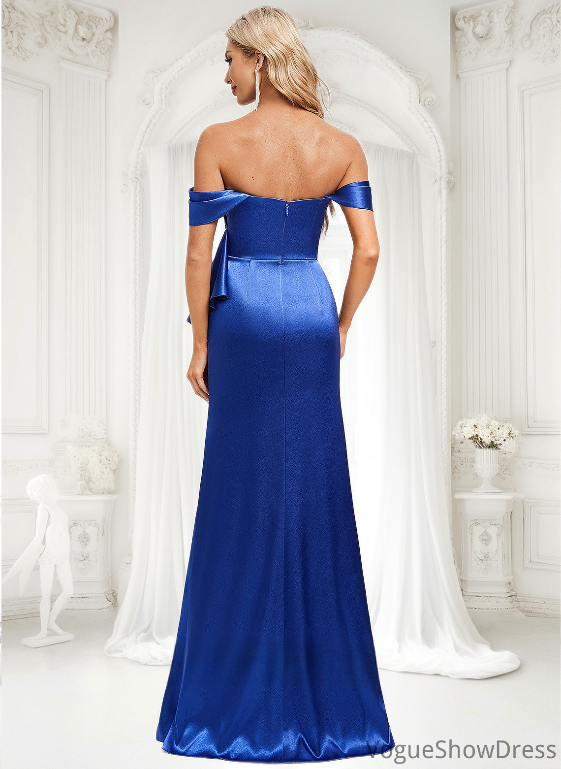 Ali Trumpet/Mermaid Off the Shoulder Floor-Length Stretch Satin Bridesmaid Dress With Ruffle DLP0025800