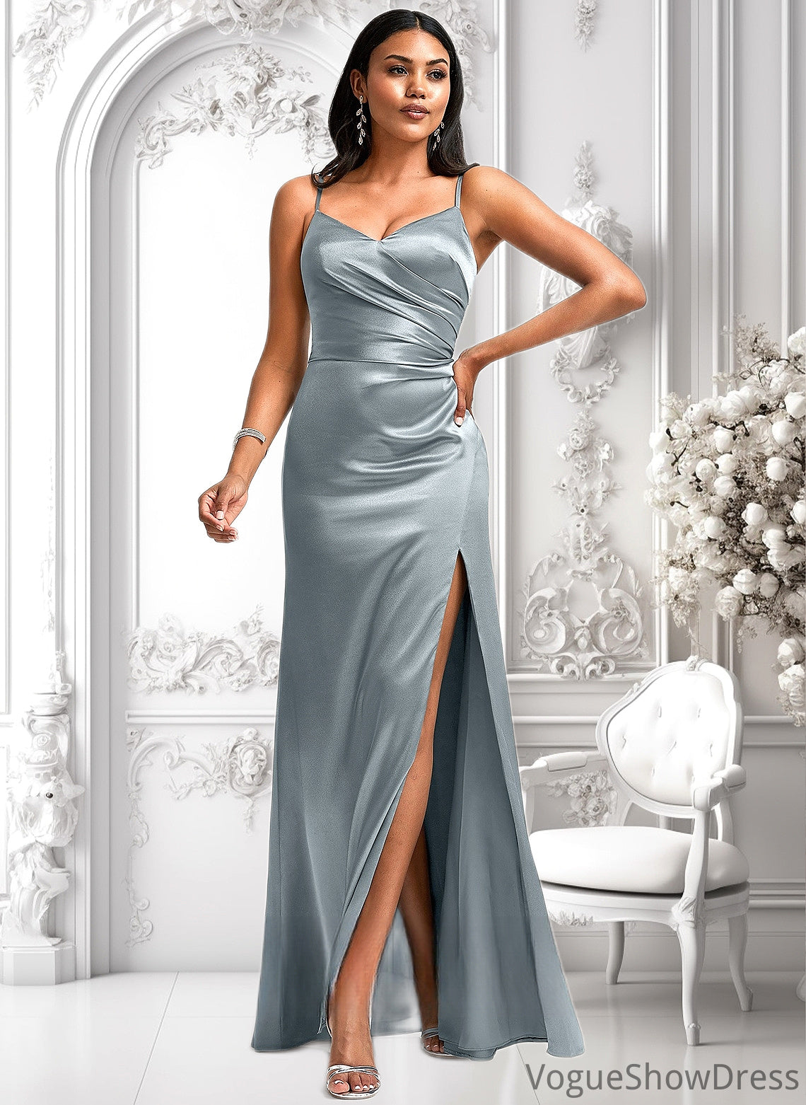 Adrianna A-line V-Neck Floor-Length Stretch Satin Bridesmaid Dress DLP0025728