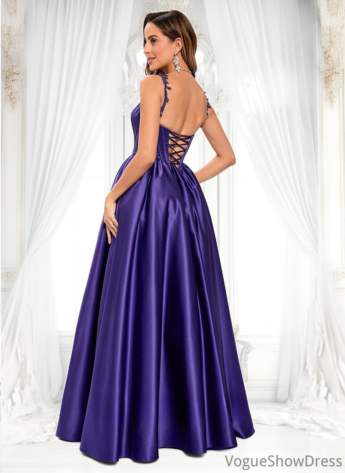 Lori Ball-Gown/Princess Scoop Floor-Length Satin Prom Dresses With Appliques Lace Beading DLP0025865