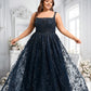 Jaylah A-line Square Floor-Length Organza Lace Floral Prom Dresses With Sequins DLP0025844