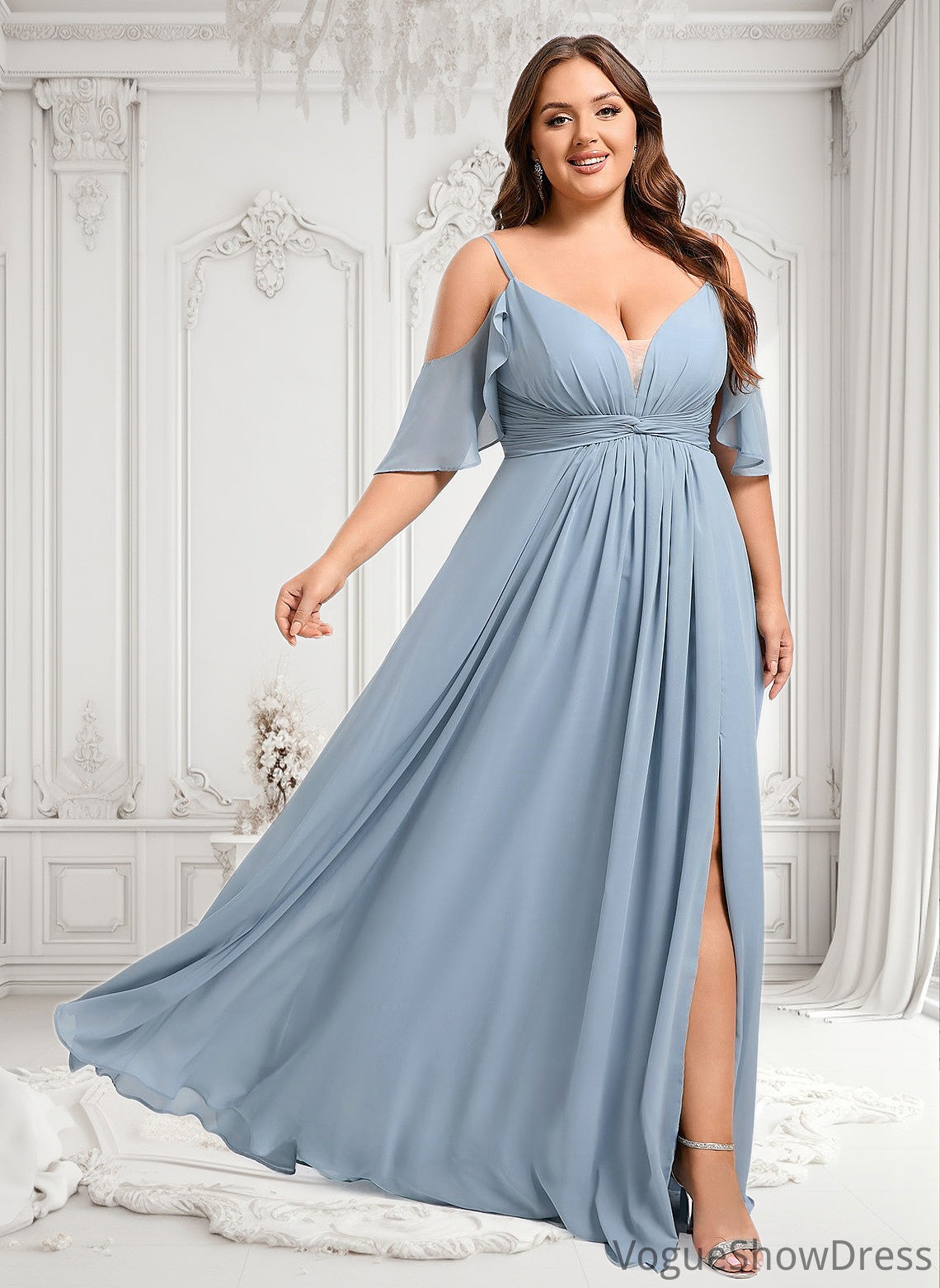 Sophie A-line Cold Shoulder Floor-Length Chiffon Bridesmaid Dress With Ruffle DLP0025797