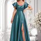 Nadine A-line V-Neck Floor-Length Stretch Satin Bridesmaid Dress With Ruffle DLP0025780