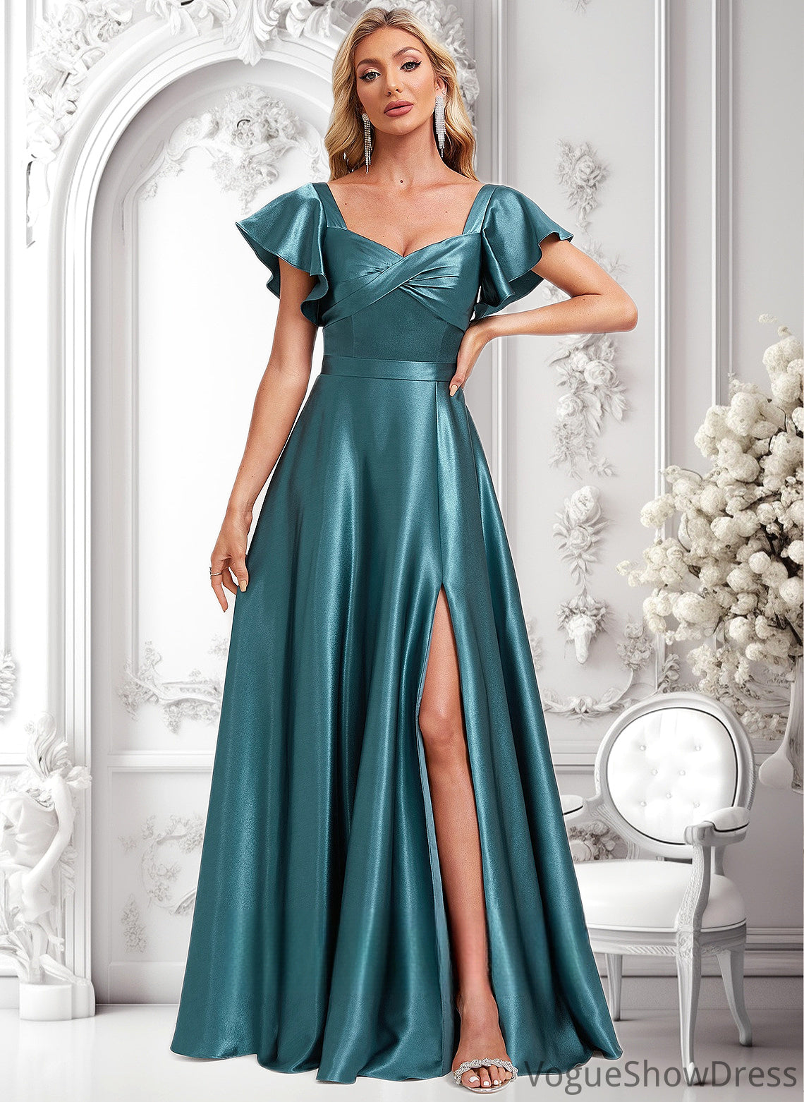 Nadine A-line V-Neck Floor-Length Stretch Satin Bridesmaid Dress With Ruffle DLP0025780