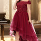 Scarlett A-line Off the Shoulder Asymmetrical Lace Tulle Homecoming Dress With Beading Bow Sequins DLP0020535