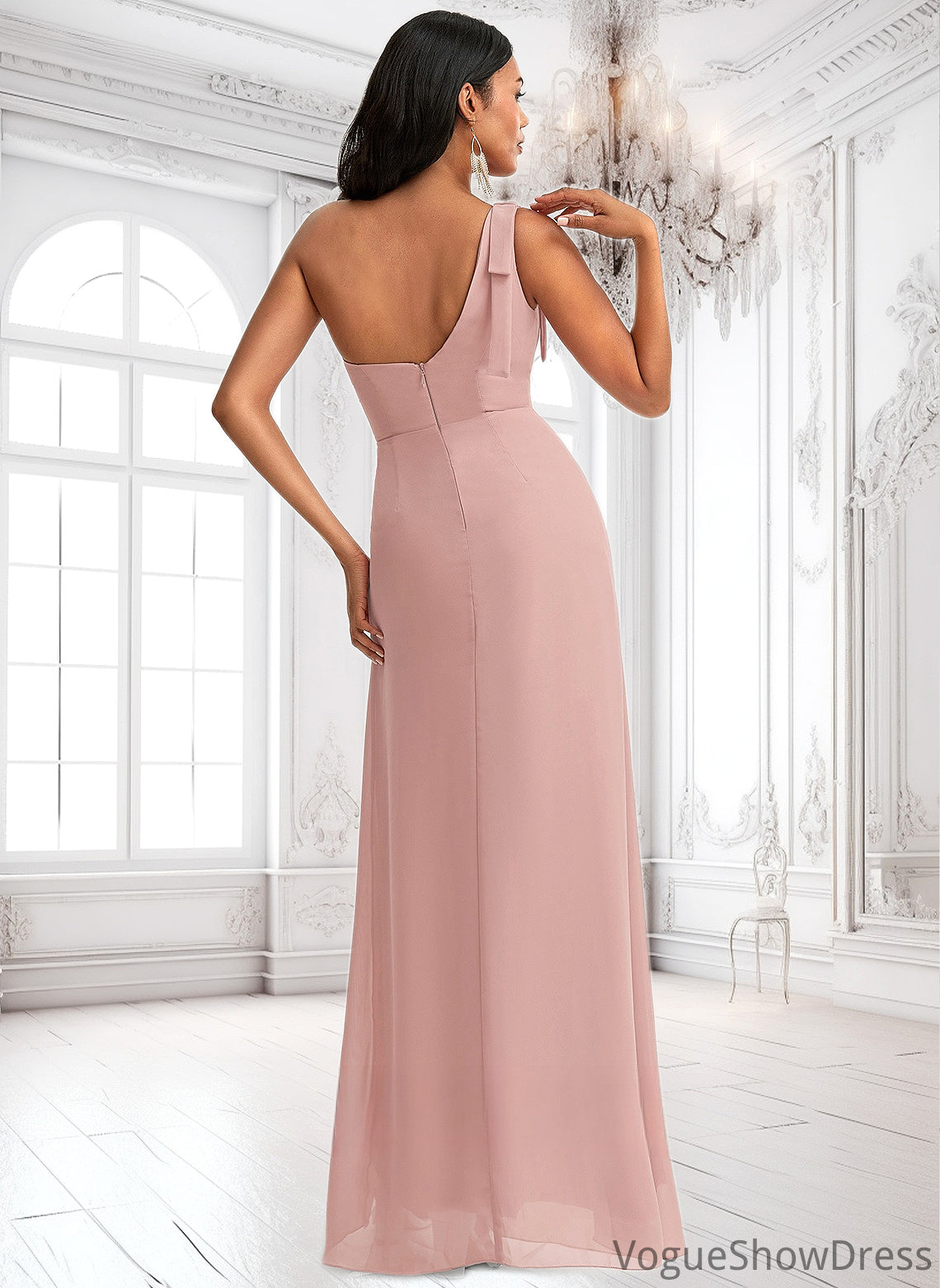 Ashly A-line One Shoulder Floor-Length Chiffon Bridesmaid Dress With Bow DLP0025748