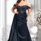 Shelby Trumpet/Mermaid Off the Shoulder Sweep Train Satin Prom Dresses With Sequins Appliques Lace DLP0025835