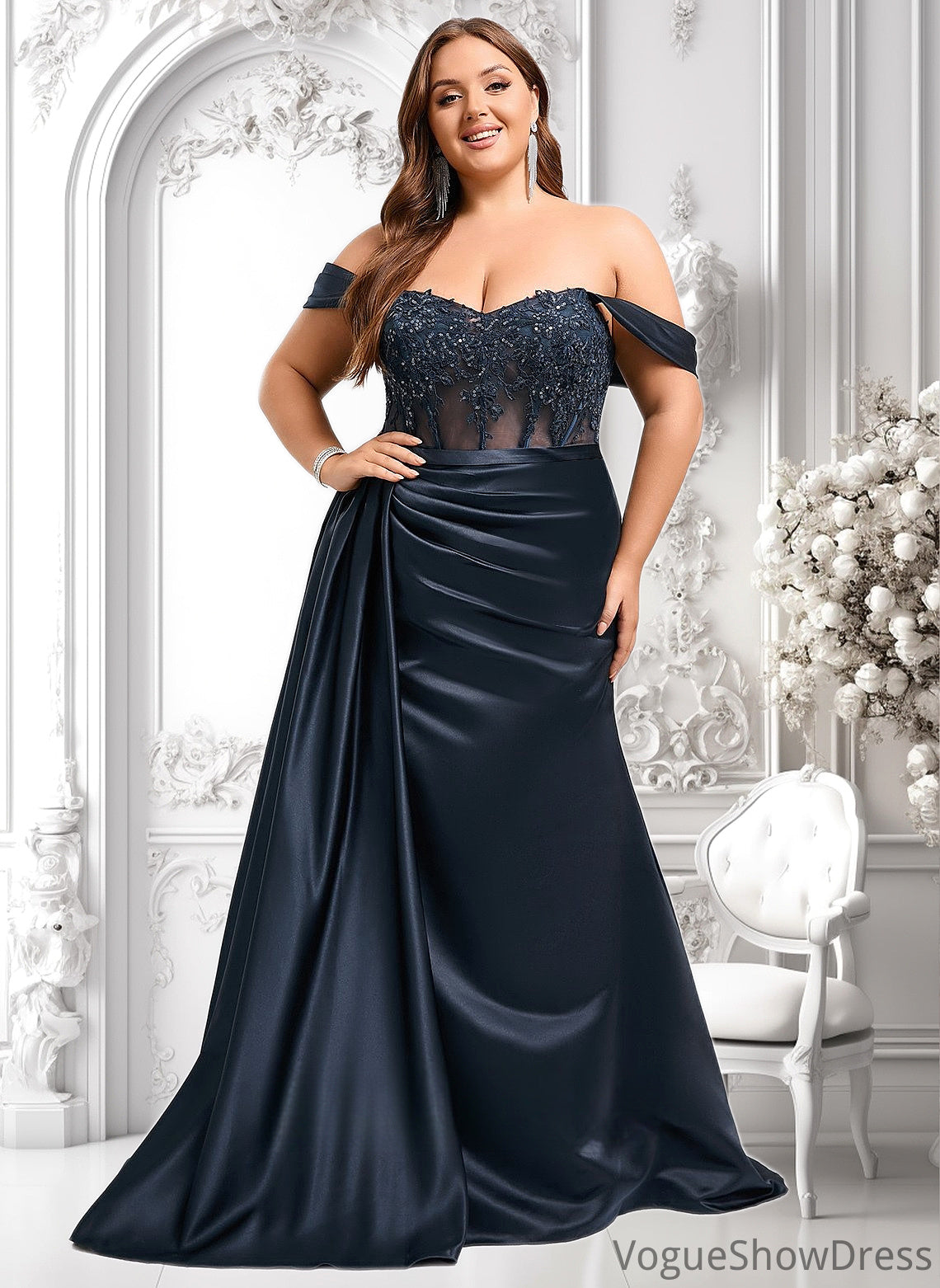 Shelby Trumpet/Mermaid Off the Shoulder Sweep Train Satin Prom Dresses With Sequins Appliques Lace DLP0025835