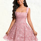 Viv A-line Square Mini Lace Homecoming Dress With Bow Sequins DLP0025647